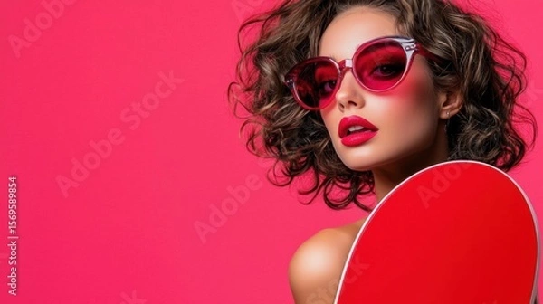 Obraz Portrait of a young woman with curly hair. she is wearing a pair of red sunglasses with a gold frame and red lenses. her hair is styled in loose curls and she is wearing red lipstick.