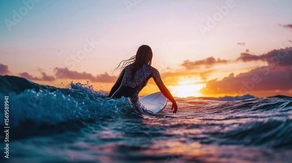 Obraz Surfer riding a wave at sunset. the surfer is wearing a colorful swimsuit and is holding a white surfboard. the sky is a beautiful orange and pink color, with the sun setting in the background.