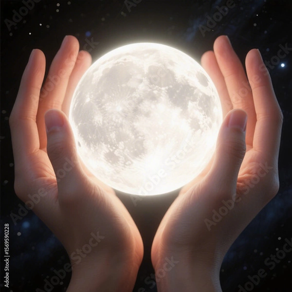 Fototapeta Hands Holding Glowing Moon – Surreal Cosmic Scene with Magical Light
