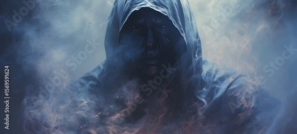 Fototapeta a light necromancer grim reaper , coming out of the smoke,ai generative