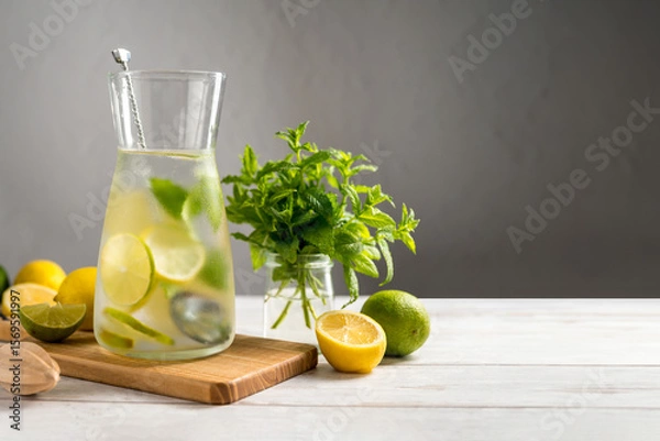 Fototapeta A glass jug with lemonade with lemons, limes and fresh mint, summer drink. Copy space