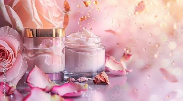 Fototapeta Face care cream in a transparent jar with a gold lid on a background of pink roses