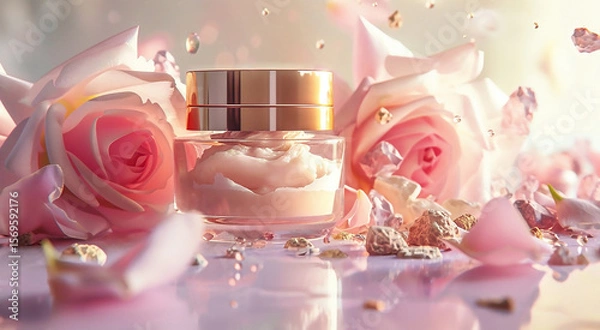 Fototapeta Face care cream in a transparent jar with a gold lid on a background of pink roses
