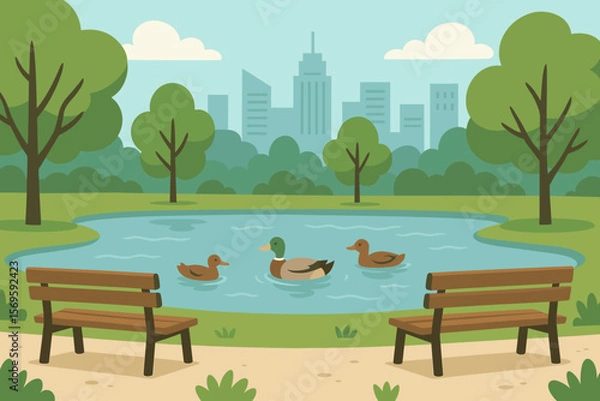 Obraz City park landscape with a pond and ducks swimming. Urban nature scene with benches. Summer background with waterfowl birds. Modern flat cartoon vector illustration concept.