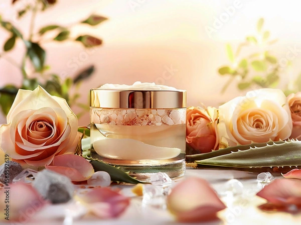 Fototapeta Face care cream in a transparent jar with a gold lid on a background of pink roses