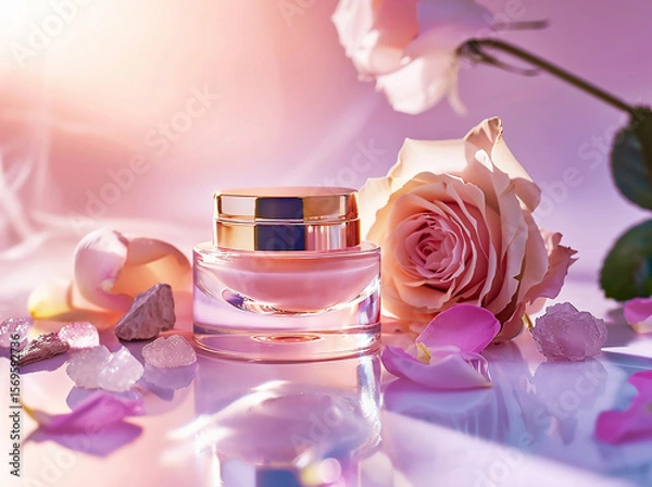 Fototapeta Face care cream in a transparent jar with a gold lid on a background of pink roses