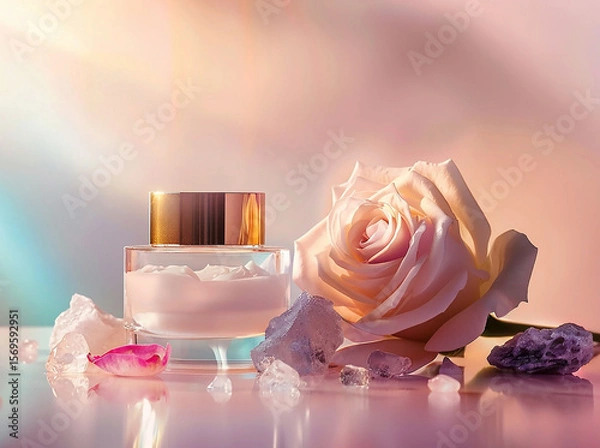 Fototapeta Face care cream in a transparent jar with a gold lid on a background of pink roses