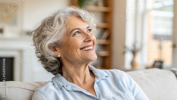 Fototapeta Golden years. Head shot portrait beautiful happy senior adult lady retiree relax sitting on sofa at home looking aside with calm dreamy smile enjoy good health active retirement serenity of free time