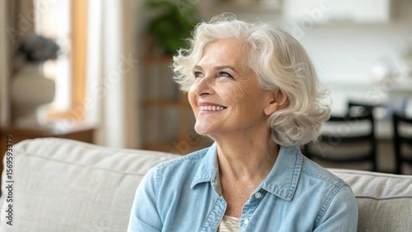 Fototapeta Golden years. Head shot portrait beautiful happy senior adult lady retiree relax sitting on sofa at home looking aside with calm dreamy smile enjoy good health active retirement serenity of free time