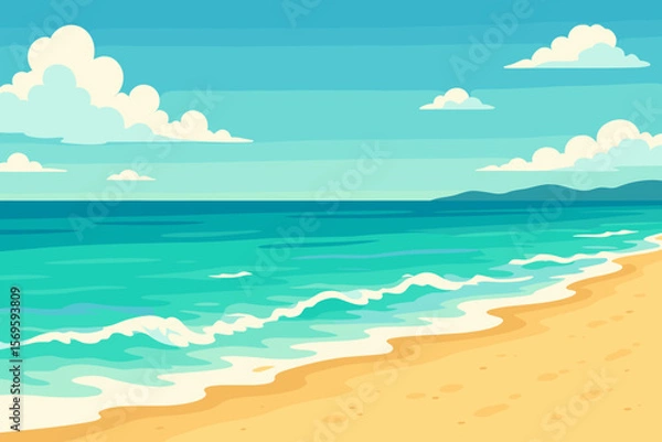 Fototapeta Tranquil Sandy Beach Shoreline, Turquoise Ocean Waves, Serene Coastline, Blue Sky, White Clouds, Summer Seascape, Idyllic Nature, Vector Illustration