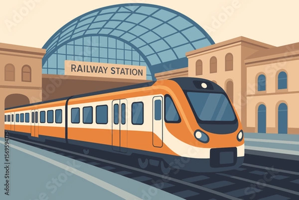 Fototapeta Modern Passenger Train Arriving at Urban Railway Station, Glass Dome Architecture, Subway or Commuter Train, Public Transport, City Transit, Flat Vector Illustration