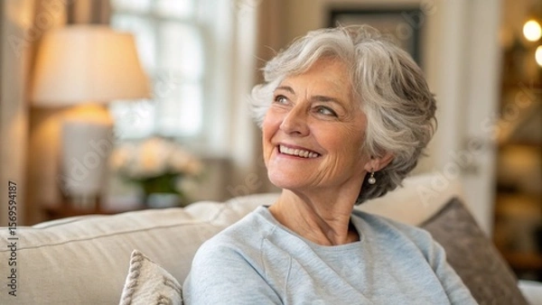 Fototapeta Golden years. Head shot portrait beautiful happy senior adult lady retiree relax sitting on sofa at home looking aside with calm dreamy smile enjoy good health active retirement serenity of free time