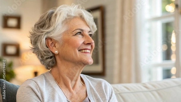 Fototapeta Golden years. Head shot portrait beautiful happy senior adult lady retiree relax sitting on sofa at home looking aside with calm dreamy smile enjoy good health active retirement serenity of free time