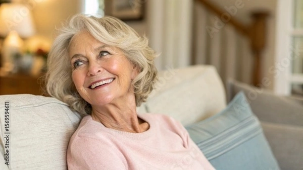 Fototapeta Golden years. Head shot portrait beautiful happy senior adult lady retiree relax sitting on sofa at home looking aside with calm dreamy smile enjoy good health active retirement serenity of free time