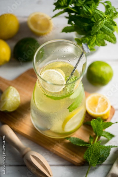 Fototapeta A glass jug with lemonade with lemons, limes and fresh mint, summer drink