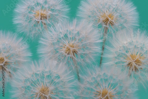 Fototapeta Multiple dandelions in full seed against a turquoise  backdrop. Airy and peaceful floral layout for spring-themed projects