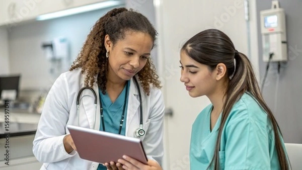 Fototapeta Interactive learning in medicine. Skilled millennial female doctor therapist physician mentoring teaching young girl student intern at clinic workplace explain medical problem on digital tablet screen
