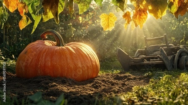 Fototapeta Autumn pumpkin in a garden with sunlight