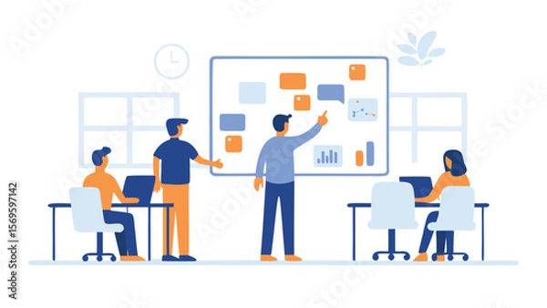 Fototapeta Illustration of a business meeting with people discussing ideas on a whiteboard in an office space