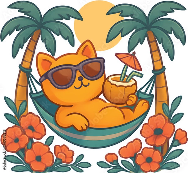 Fototapeta Cartoon Cat Relaxing In Hammock Between Palm Trees With Sunglasses And Drink Tropical Summer Vacation Transparent Background. Chill Summer Cat
