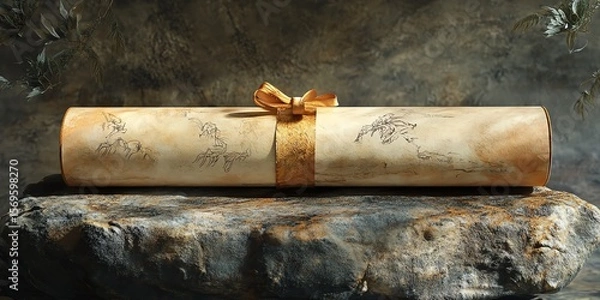 Fototapeta a rolled scroll with golden ribbon, watercolor style, aged paper edges, faint ink sketches of mythical creatures showing through, resting atop a stone tablet
