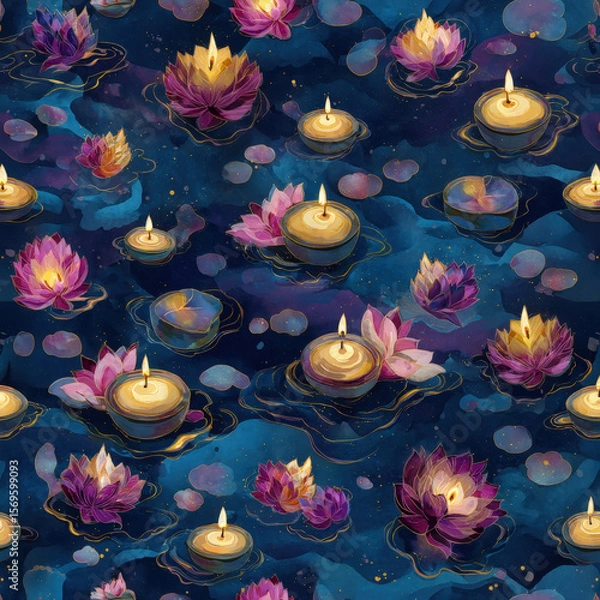 Fototapeta Seamless Pattern of Floating Krathongs and Candles in a Night Sky with Lotus Flowers for Decorative Use