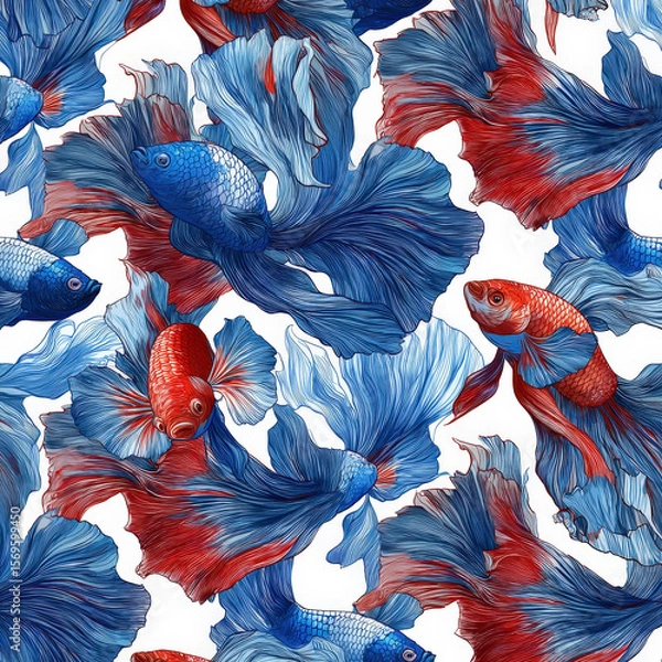 Fototapeta Flowing Thai Betta Fish Seamless Pattern with Vibrant Colors and Elegant Design for Textile and Wallpaper Applications