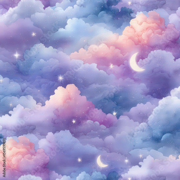 Fototapeta Soft and Dreamy Seamless Pattern of Fluffy Clouds with Crescent Moons and Starry Sky in Pastel Colors