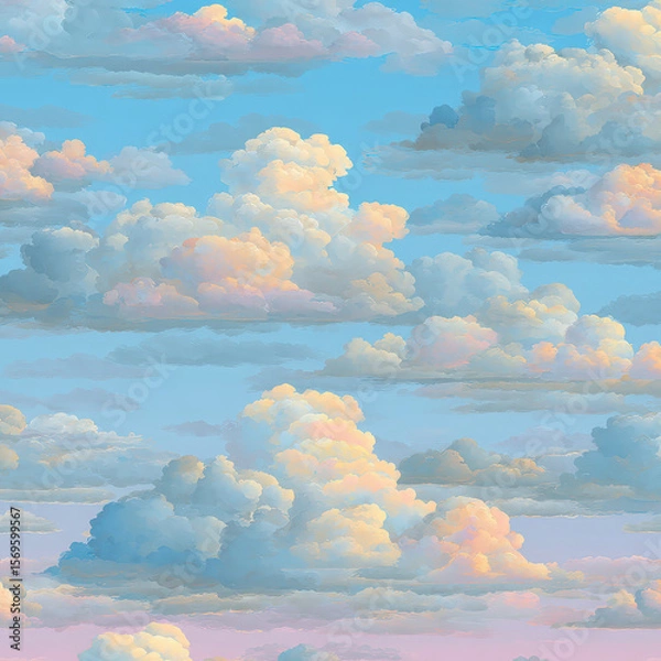 Fototapeta Soft and Fluffy Seamless Pattern of Cumulus Clouds with Pastel Hues in a Bright Sky Background