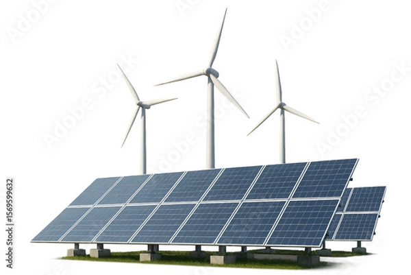 Fototapeta Solar panels and wind turbines generating renewable energy together Isolyate on transparent background
