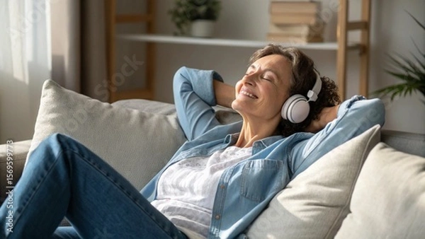Fototapeta Peace of mind. Smiling tranquil mid aged woman take time to relax on comfy couch give tired legs a rest after hard work day enjoy calm serene house space listen to quiet music dream with closed eyes