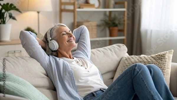 Fototapeta Peace of mind. Smiling tranquil mid aged woman take time to relax on comfy couch give tired legs a rest after hard work day enjoy calm serene house space listen to quiet music dream with closed eyes