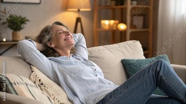 Fototapeta Peace of mind. Smiling tranquil mid aged woman take time to relax on comfy couch give tired legs a rest after hard work day enjoy calm serene house space listen to quiet music dream with closed eyes