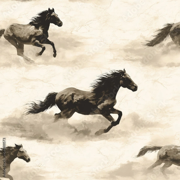 Fototapeta Seamless Pattern of Galloping Horse Silhouettes in Soft Artistic Tones for Elegant Design Applications