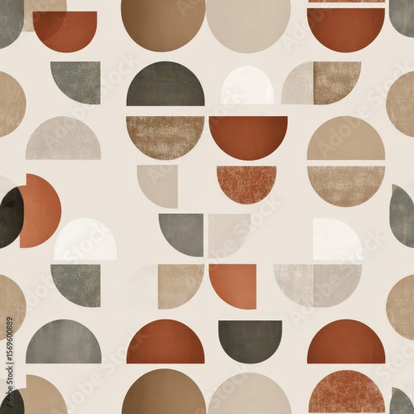 Fototapeta Seamless Geometric Pattern Featuring Circles and Half Moons in Earthy Tones and Textured Design