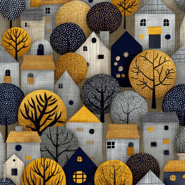 Fototapeta Colorful Geometric Pattern Featuring Houses and Trees in a Seamless Design for Backgrounds and Textiles