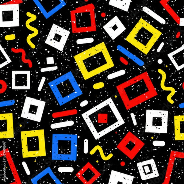 Fototapeta Colorful Seamless Pattern of Geometric Shapes and Squiggles on a Black Background for Creative Designs