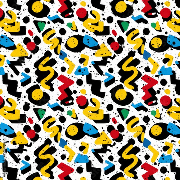 Fototapeta Colorful Seamless Pattern of Geometric Shapes and Squiggles on White Background for Modern Design Projects