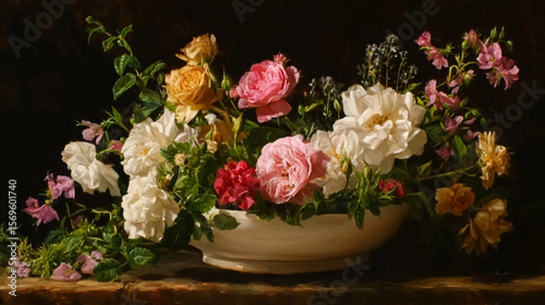 Fototapeta Elegant English garden bouquets in vintage vases, adorned with peonies, tulips and roses and other flowers, displayed in manor garden with dappled light and timeless floral grace