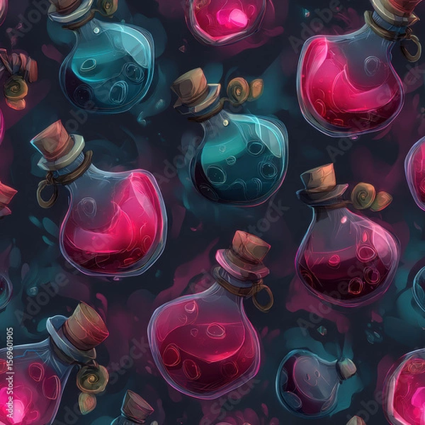 Fototapeta Colorful Glowing Vials with Potions in a Seamless Pattern for Background Design and Artistic Creations