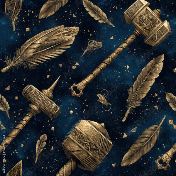 Fototapeta Magical Seamless Pattern of Glowing Hammers and Spears with Feathers on Dark Background