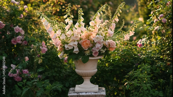 Fototapeta Elegant English garden bouquets in vintage vases, adorned with peonies, tulips and roses and other flowers, displayed in manor garden with dappled light and timeless floral grace