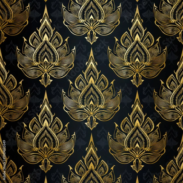 Fototapeta Elegant Golden Floral Motifs in a Seamless Pattern on a Dark Background for Design and Wallpaper
