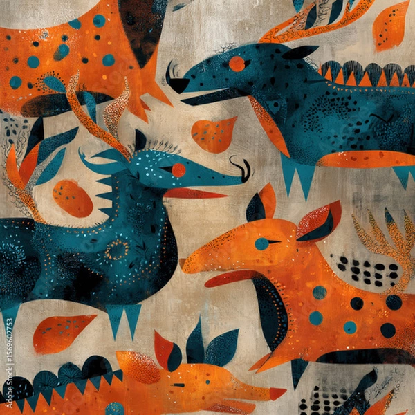 Fototapeta Seamless Pattern Featuring Tribal Style Animals in Vibrant Colors and Unique Shapes