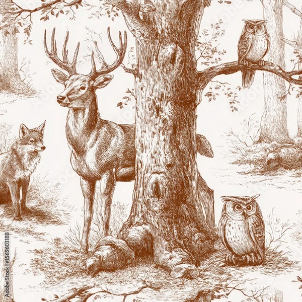 Fototapeta Hand Drawn Seamless Pattern of Deer, Foxes, and Owls in Natural Setting for Creative Projects