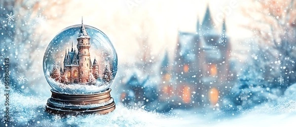 Fototapeta a snow globe with a tiny gothic castle inside, watercolor illustration, swirling glitter snow midmotion, delicate glass reflections, soft winter light ambiance, white background