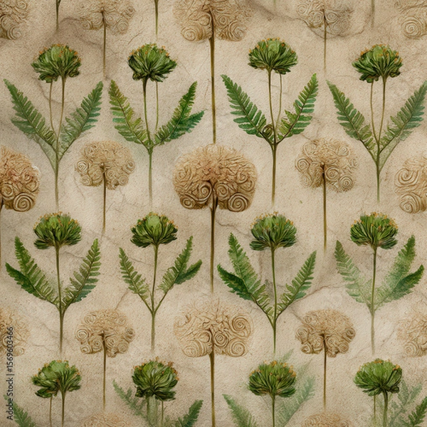 Fototapeta Hand-Drawn Seamless Pattern of Meadow Flowers with Curved Stems and Natural Textures in Earthy Tones