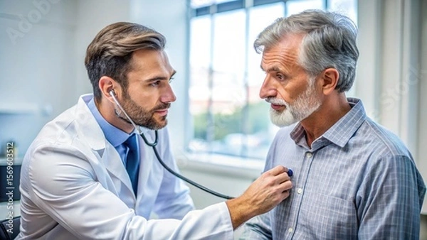 Fototapeta Middle-aged 40s cardiologist using stethoscope to listen to male patient heartbeat, assessing cardiac or respiratory health during medical examination in consulting room. Cardiology, professional care