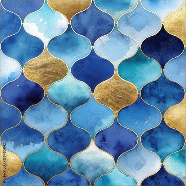 Fototapeta Hand-Painted Seamless Moroccan Tile Pattern in Vibrant Blue and Gold Colors for Elegant Background Design