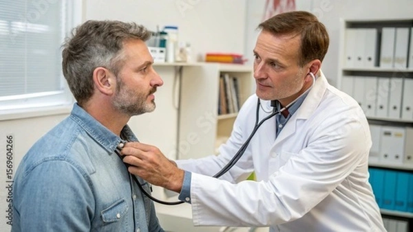 Fototapeta Middle-aged 40s cardiologist using stethoscope to listen to male patient heartbeat, assessing cardiac or respiratory health during medical examination in consulting room. Cardiology, professional care